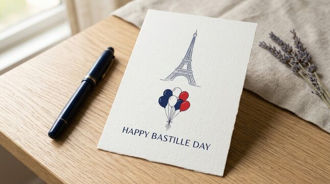 Happy Bastille Day greeting card on wooden desk with pen.