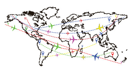 Global Air Travel Map with Airplane Icons and Flight Routes for Aviation, Transportation, and International Connection Design Projects © Rkniazi