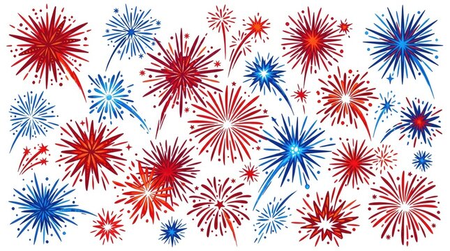 Red and blue firework bursts pattern on white background.