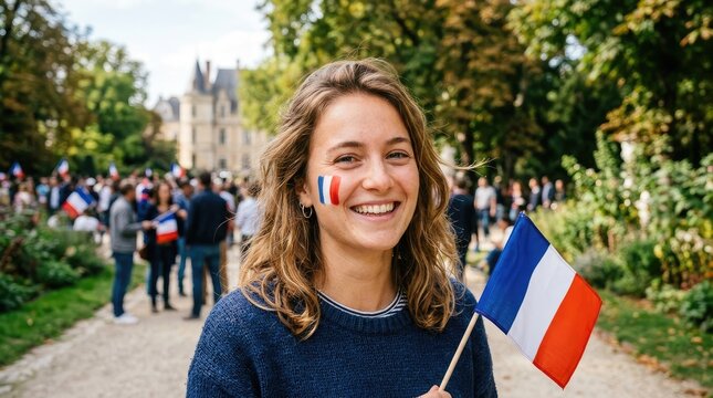 Young woman with painted face holding French flag