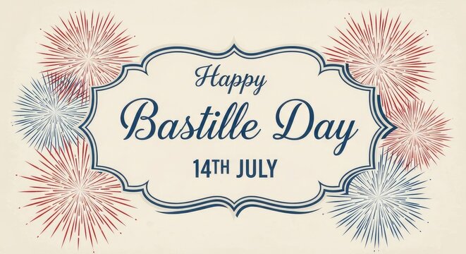 Vintage style Happy Bastille Day card with fireworks illustrations.