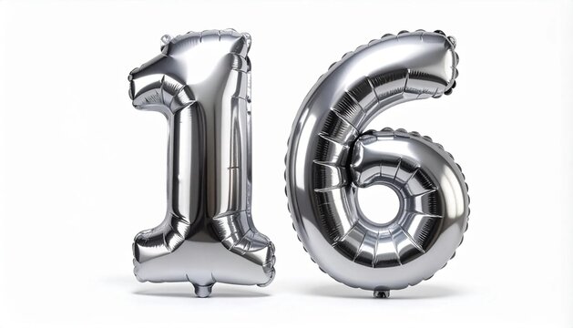 Metallic Silver Balloon Number Sixteen isolated on white background