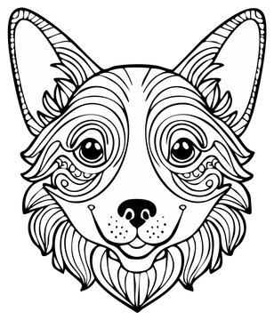 Corgi dog head intricate detailed coloring page pet portrait illustration