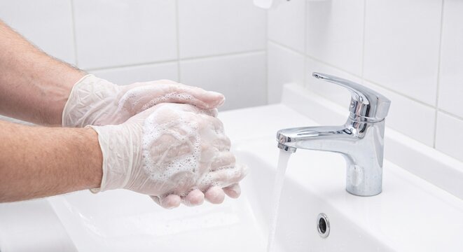 Person in white protective gloves washing hands with soap foam in a bathroom sink for hygiene and infection control