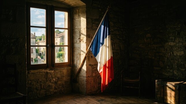 French flag hanging in a rustic stone room by window.