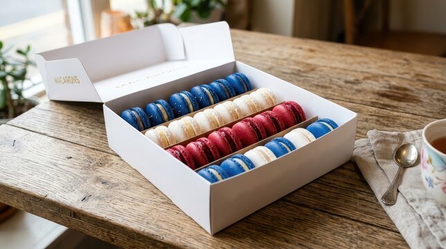 Open box of blue white and red French macarons.