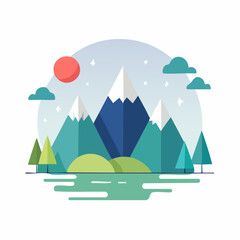 Obraz premium Flat Design Mountain Landscape with Sun and Clouds