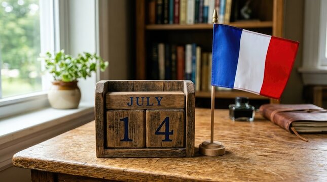 Wooden block calendar showing July 14 beside French flag.