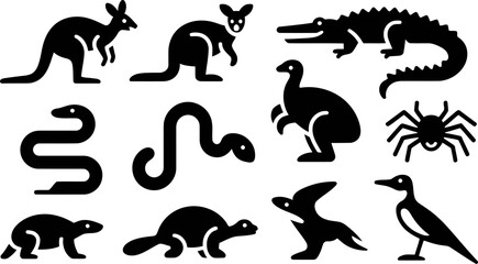 Obraz premium Black silhouettes of various Australian animals on white background