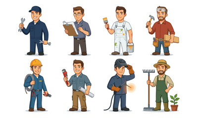 Fototapeta premium Worker character set with professional tools and uniforms