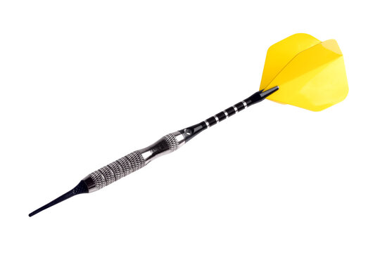 Close-up of a metal dart with a bright yellow flight, isolated on transparent. Perfect for sports, games, and achievement concepts.