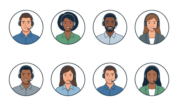 Customer service representative avatars wearing headsets icon set