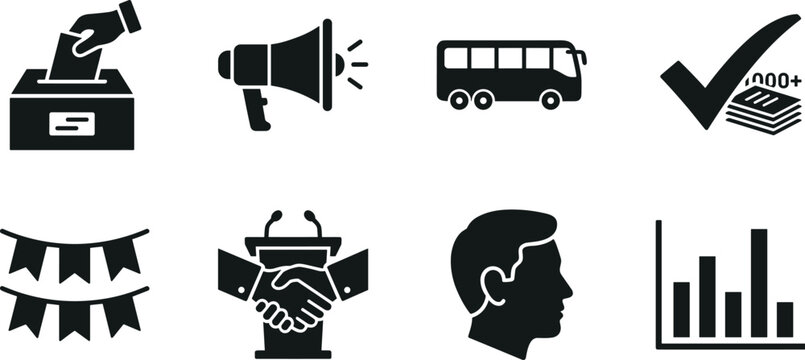 A collection of black silhouette glyph icons representing democratic elections, political campaigns, and voting processes. Ideal for infographic elements, government websites, news reporting