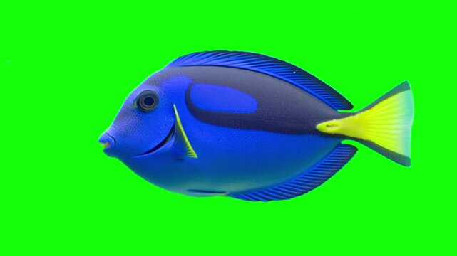 Blue tang fish swimming isolated on a green screen background for chroma key compositing projects