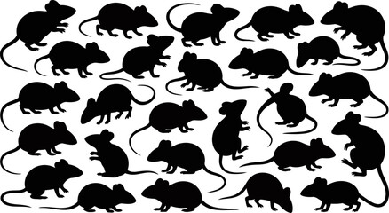Fototapeta premium Black silhouettes of various mice in different poses on white background