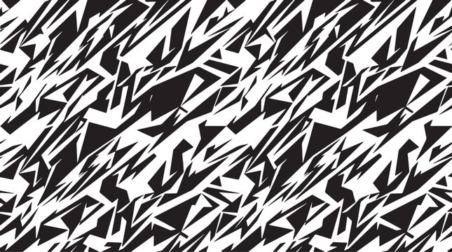 Sharp geometric racing camouflage seamless pattern in black and white