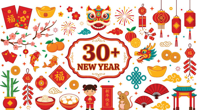 Chinese New Year Lunar Festival Icon Set with Dragon Lion Dance Red Envelopes Lanterns Firecrackers and Traditional Food Vector Graphic Design Elements