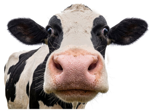Funny close up portrait of a holstein dairy cow face isolated on white background for cow appreciation day with holstein livestock portrait agriculture isolated background ruminant