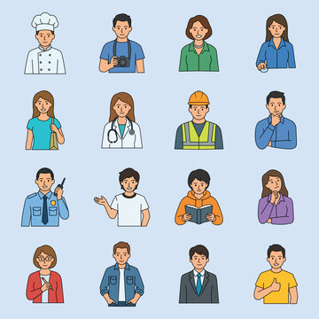 Collection of human icon illustrations representing various professions.