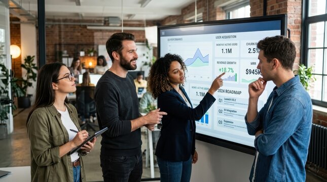Four people discussing a business chart at a trade show booth