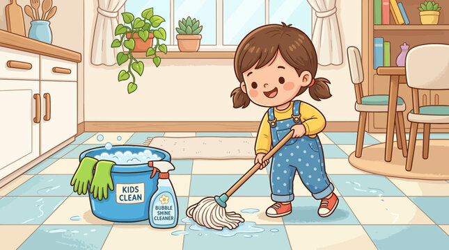 Kids cleaning cartoon illustration or Child mopping floor in kitchen scene with cleaning supplies and cheerful expression