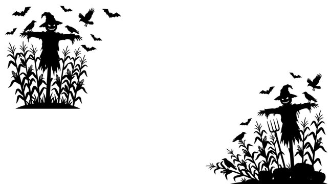 Scarecrow silhouettes, black vector icons, farm birds, cornfield illustrations, Halloween symbols isolated on White Background