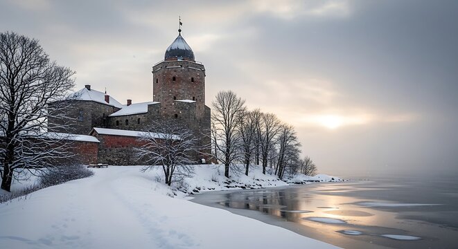A serene winter scene of a historic castle by a frozen lake at sunset