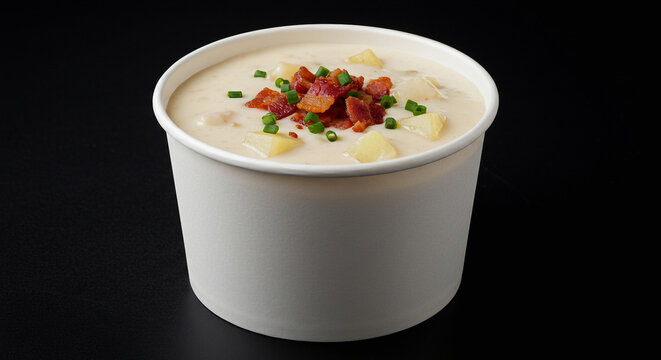 Creamy Potato Soup with Bacon in Paper Cup on Black