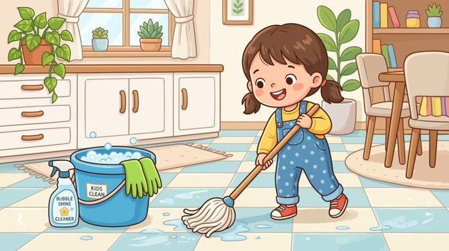 playful kid cleaning kitchen with mop and bucket cute cartoon style or cheerful young girl tidying up bright home interior scene casual illustration