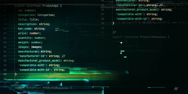 Programming code display with script elements and glitch effects on black background. Vector realistic illustration of green digital screen backdrop, software development, data structure lines