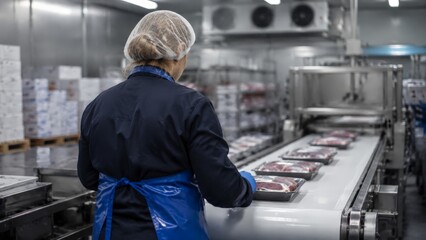 Obraz premium Worker standing with back to camera inspecting packaged meat trays on conveyor belt inside stainless steel cold production room, wearing hairnet, blue apron, gloves, and dark uniform during hygiene