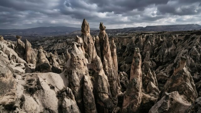 Towering volcanic tuff fairy chimney rock formations in Cappadocia Turkey