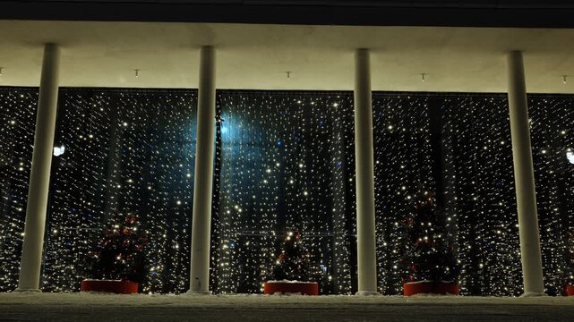 People walking past building with sparkling string lights and Christmas trees at night