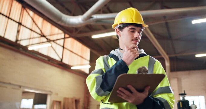 Thinking, architect and man with clipboard in building, safety check and renovation progress report. Civil engineer, writing and person with checklist for quality assurance, reflection and inspection