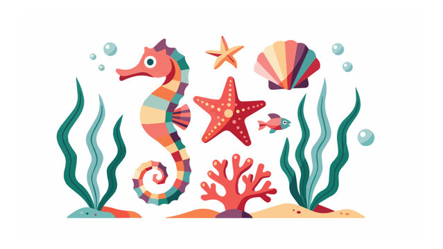 Colorful underwater scene with seahorse starfish seashells and seaweed suitable for marine life themes