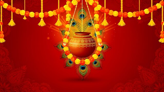Krishna Janmashtami Festival Background with Hanging Earthen Pot and Peacock Feathers