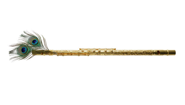 Vintage flute with peacock feather detail, golden wind instrument close-up, classical music accessory for orchestra and education isolated PNG with Transparent Background