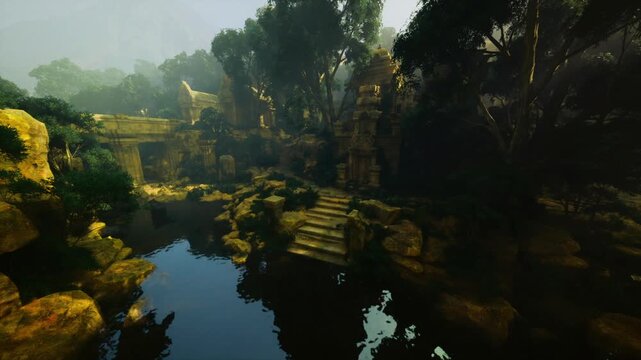 Misty jungle temple reflected in water, stepped stone entrance overgrown with moss and ferns, calm pool mirrors ruined facade, soft morning light filtering
