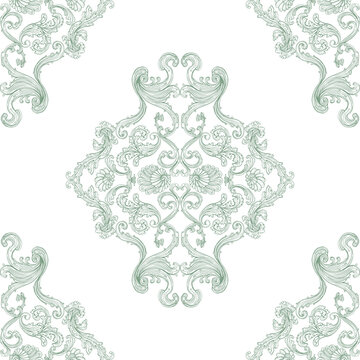 Geometric kaleidoscope seamless pattern with green vintage floral tile motifs