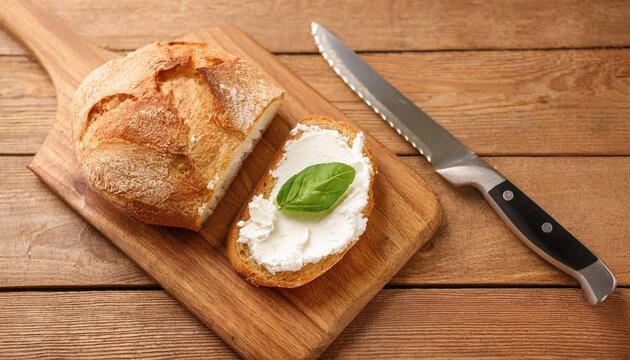 Wooden table with fresh ricotta basil bread and knife 
