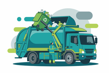 Obraz premium Modern Garbage Truck and Recycling Bin Waste Collection Service