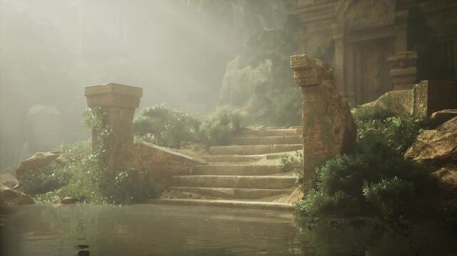 Golden light bathing mossy steps and twin pillars, warm haze, dewkissed foliage, shallow reflective pool, inviting path suggesting ritual approach or mindful