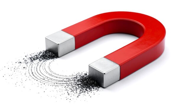 A red horseshoe magnet with silver ends attracts small black iron filings