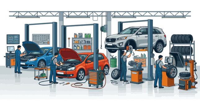 Professional mechanics in a brightly lit garage perform detailed car maintenance and repair work on multiple vehicles using specialized equipment for optimal performance and safety
