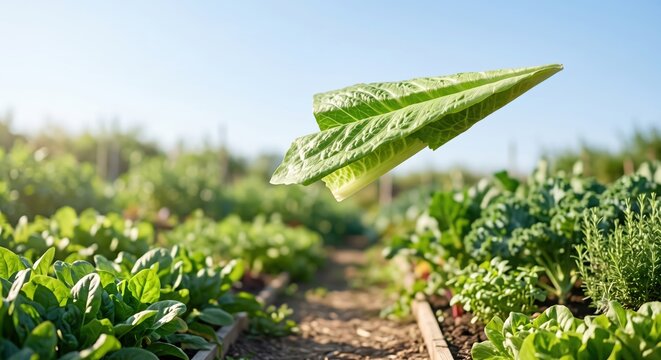 Conceptual creative shot of a fresh green lettuce leaf flying like an airplane over a lush vegetable garden