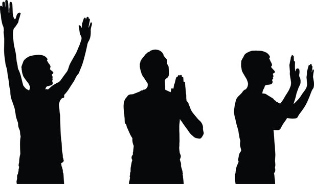 Human silhouette figures showing gestures of prayer, raised arms, and expressive movement in vector illustration design set