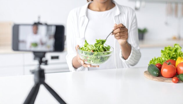 Young blogger girl recording video tutorial session of salad cooking lesson at home kitchen