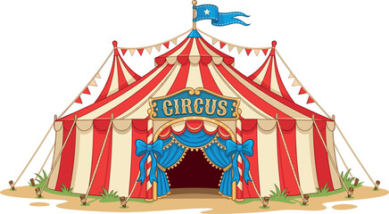 Vintage red and white striped big top circus tent with blue flags and decorative entrance isolated on white background vector illustration © MstBizly