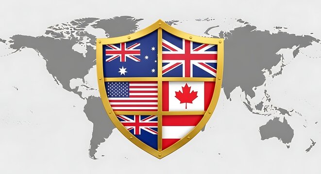 A shield with a gold border featuring six national flags on a world map background