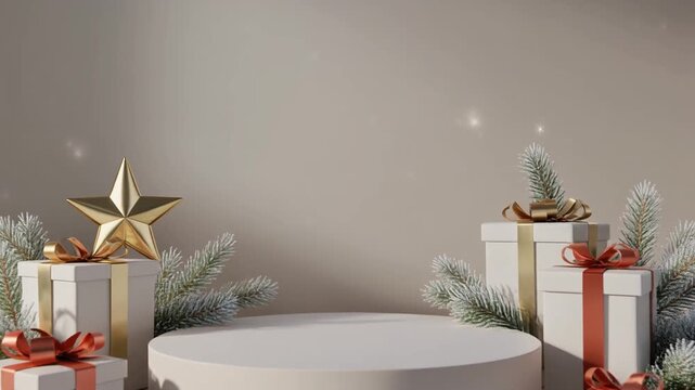 Minimalist Christmas Product Podium with Gift Boxes and Gold Star, Clean Holiday Display Background Full HD